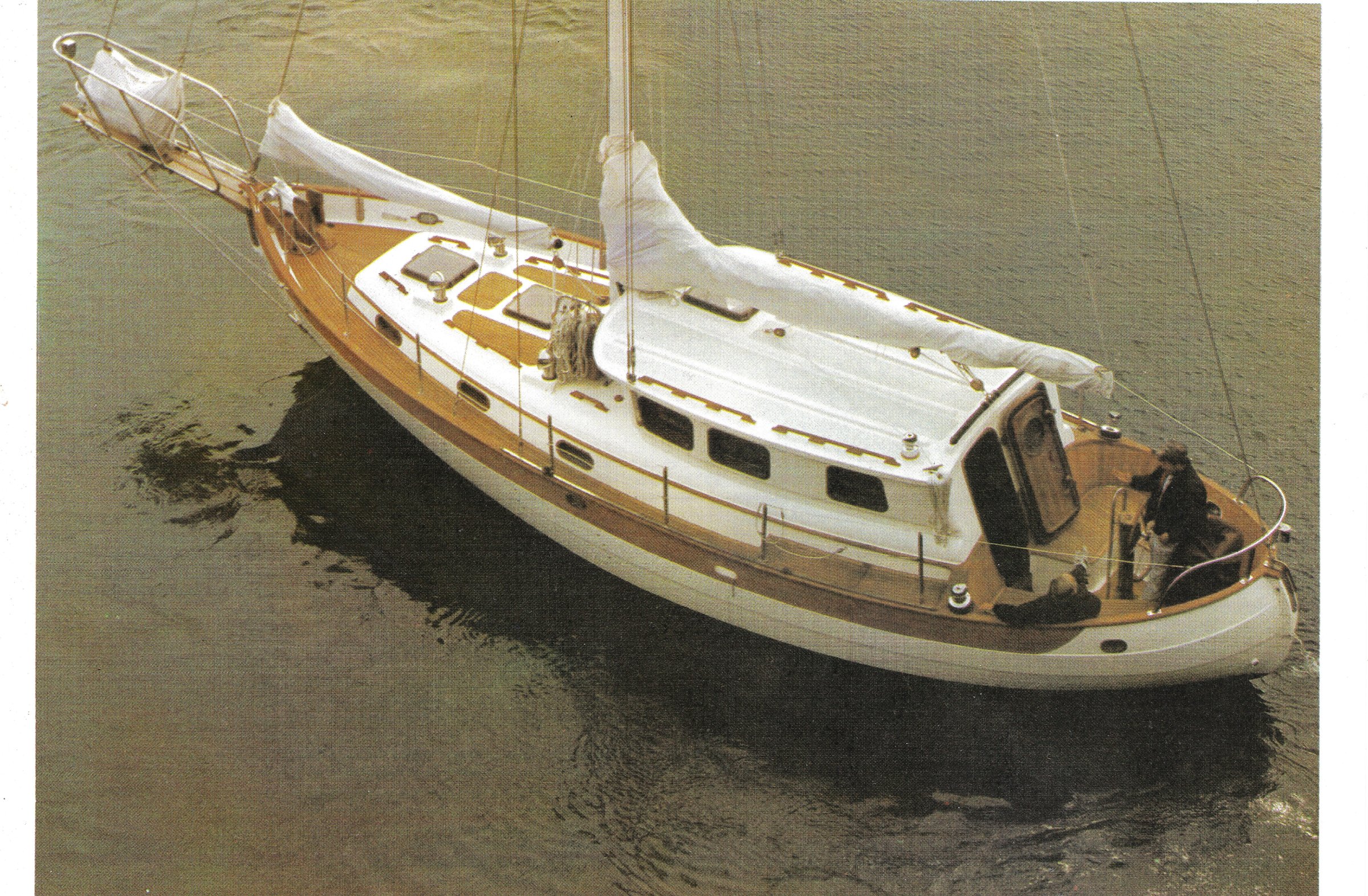 Hans Christian 39 Pilot House at anchor, photographed from above.
